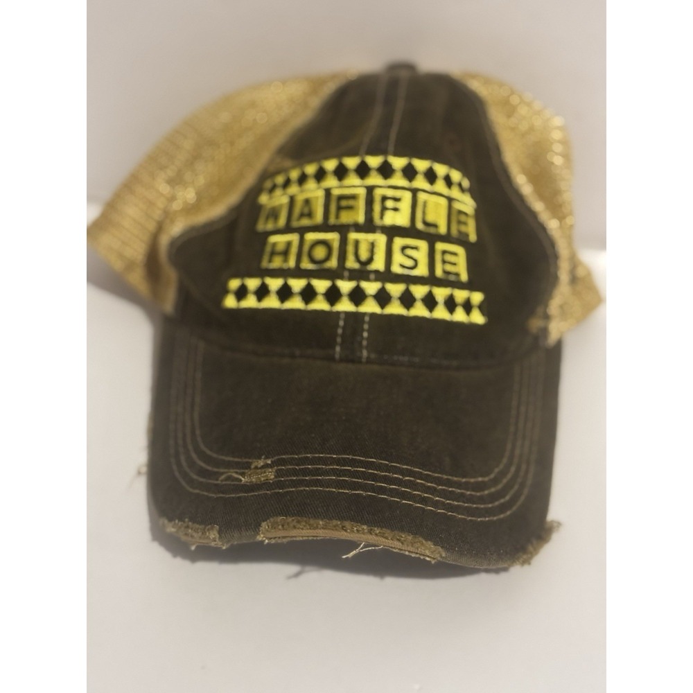Waffle House Trucker Hat Distressed Mesh Cap SnapBack Brown Yellow Retro Brand